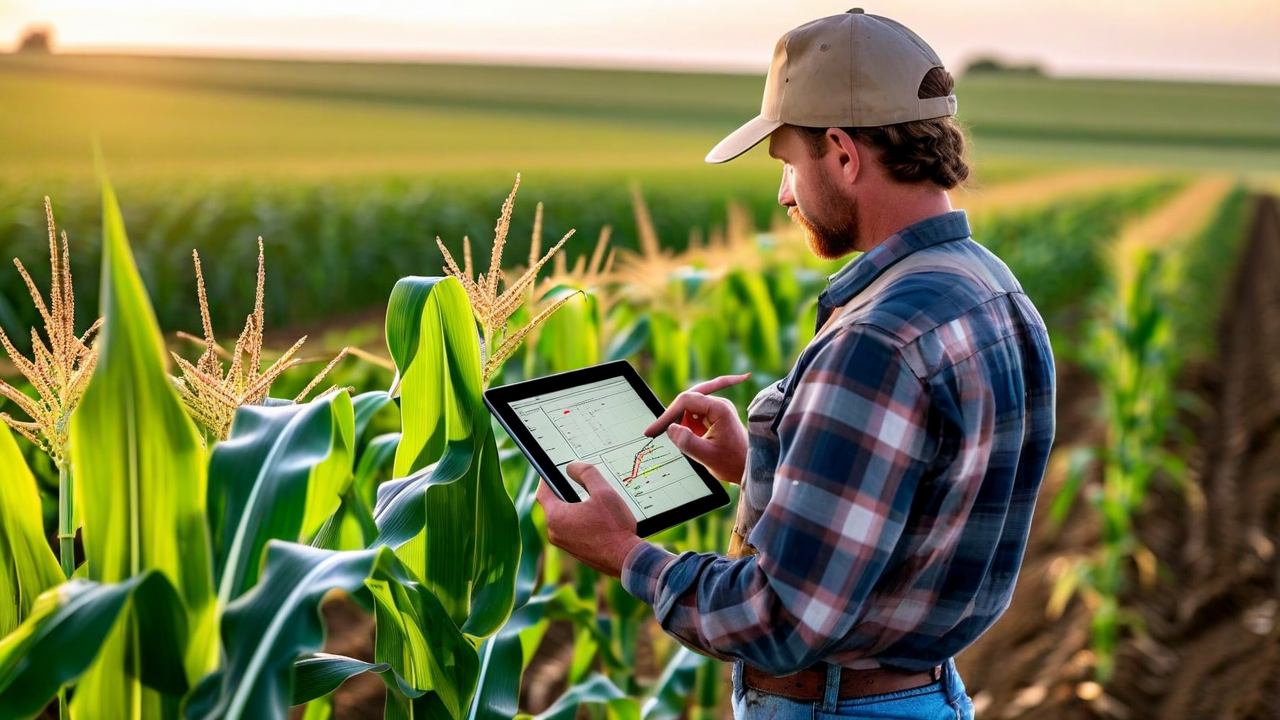 farmer reviewing tablet with field data