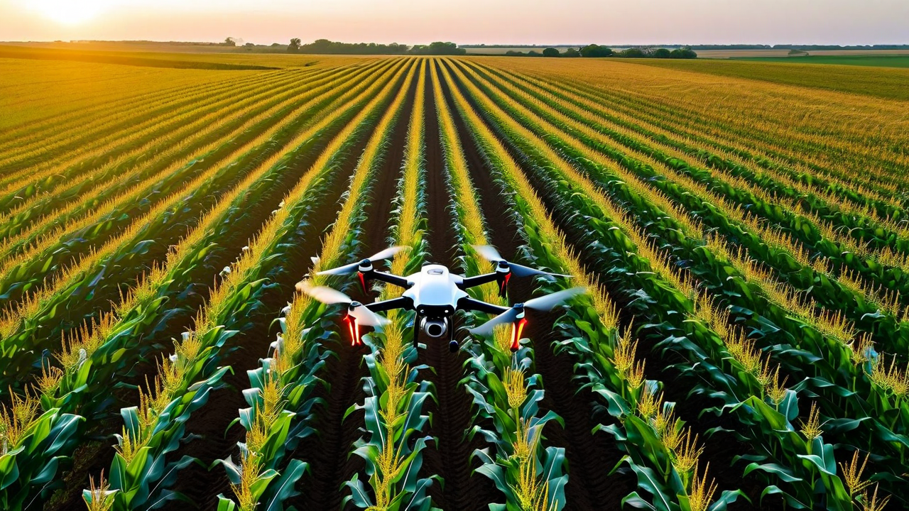 agricultural drone flying over corn field