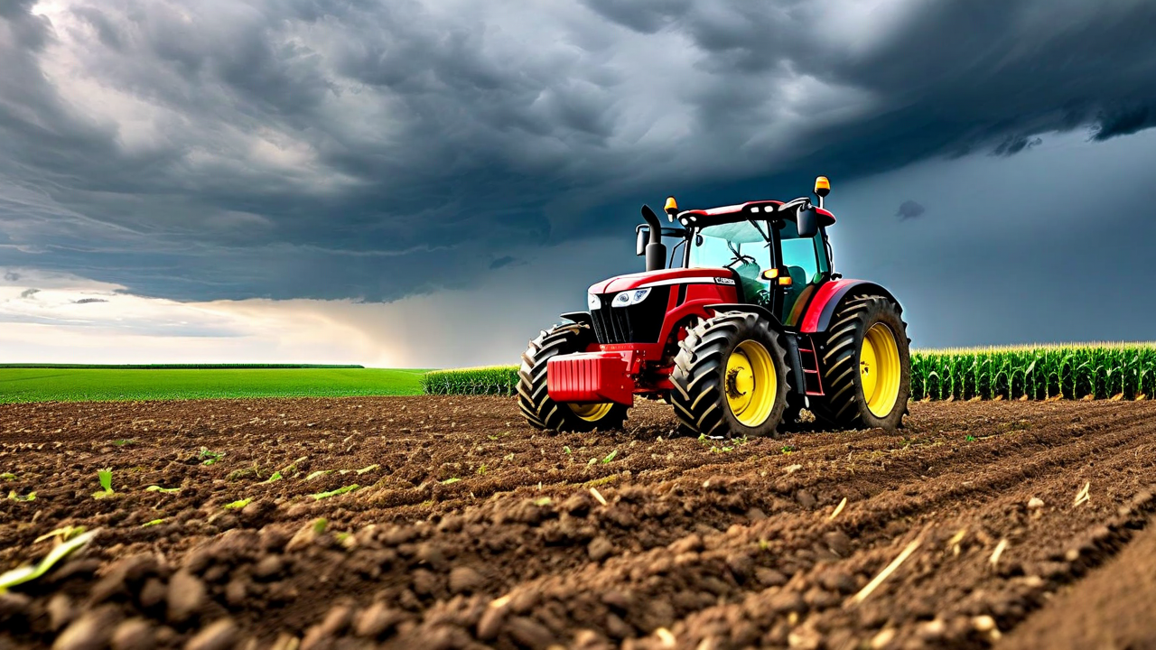 tractor planting in field with storm clouds
